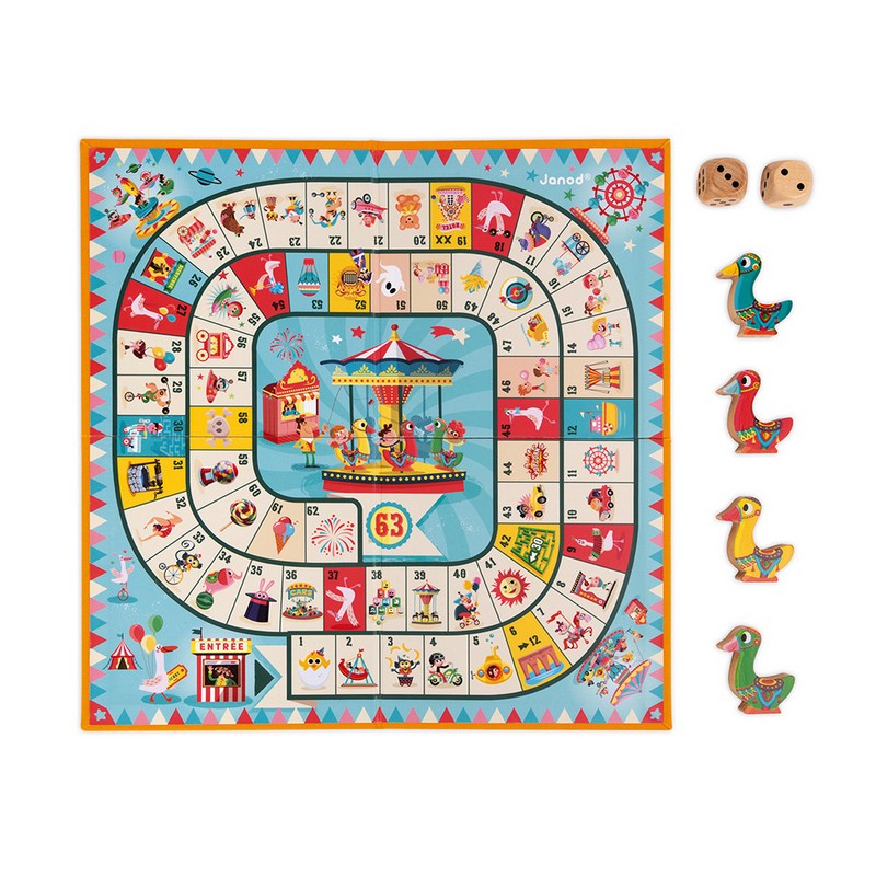 Gioco dell'oca con pedine e dadi in legno, il più grande classico dei giochi da tavolo, dai 2 ai 4 giocatori